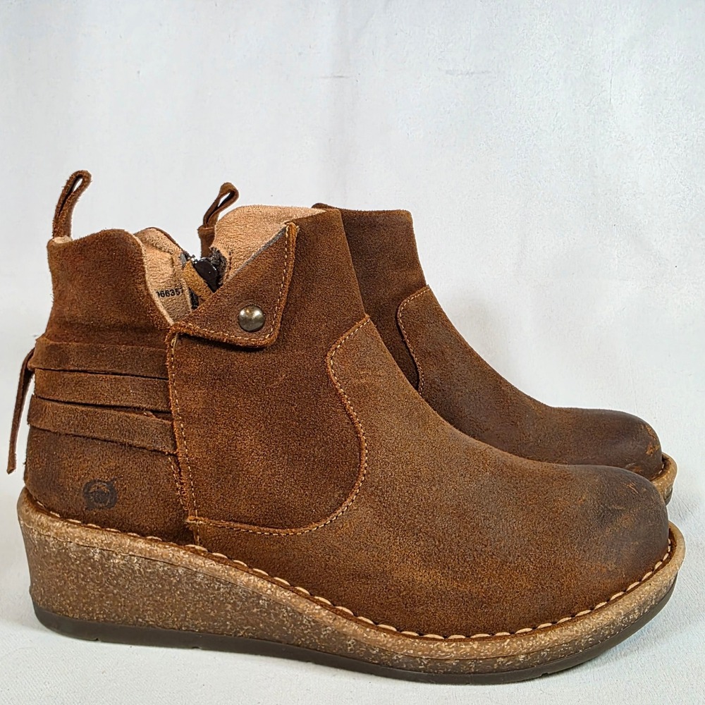 Born Varas Brown Suede Leather Ankle Boots Womens 8 Wedge Booties Boho Rustic